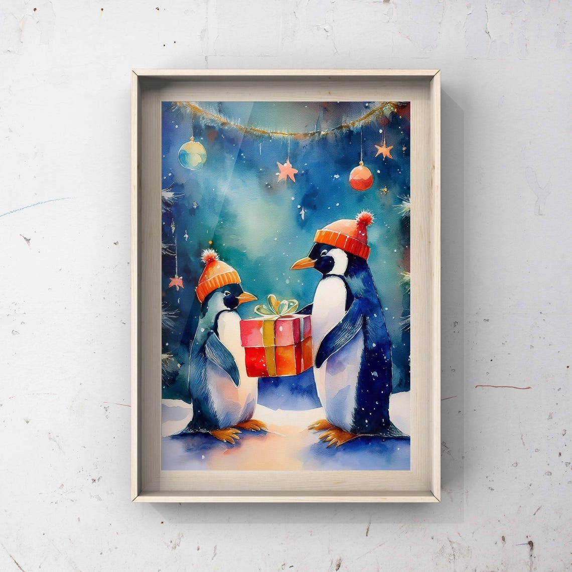 Two Penguins Exchanging Christmas Gifts Holiday Painting Poster