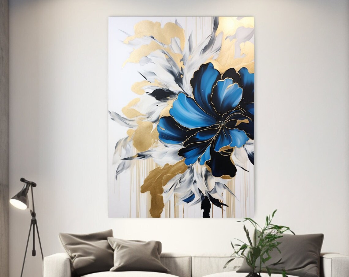 Large Blue And Gold Abstract Flower Dramatic Floral Wall Art Poster