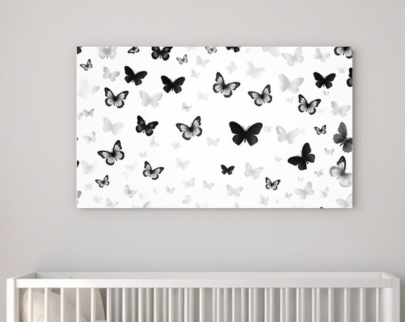Black Grey White Butterfly Pattern Minimalist Nursery Poster
