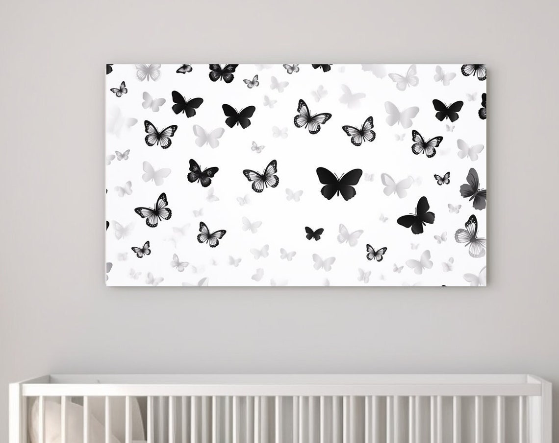 Black Grey White Butterfly Pattern Minimalist Nursery Poster