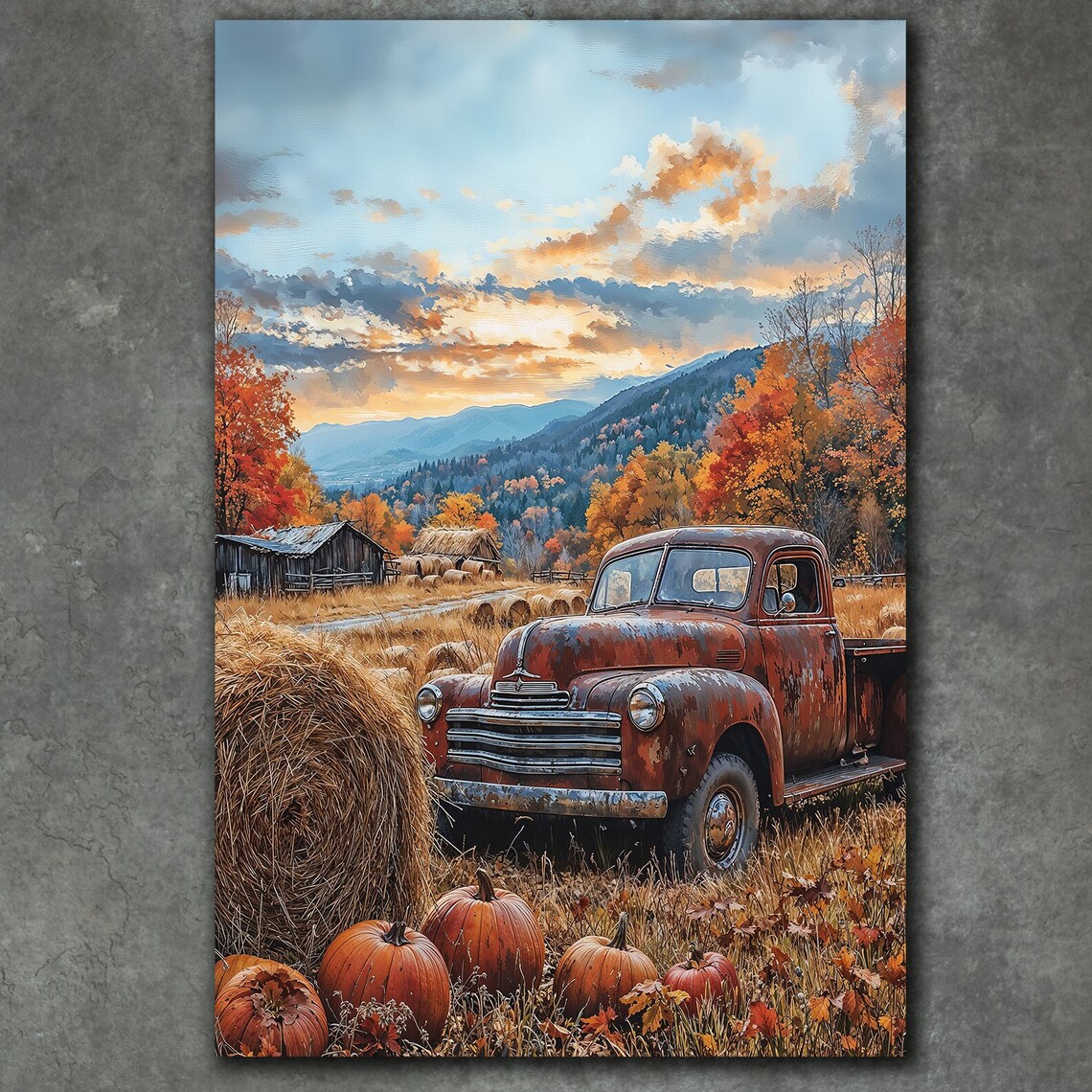 Rusty Vintage Pickup Truck Autumn Harvest Poster Pumpkins Hay Farm Art