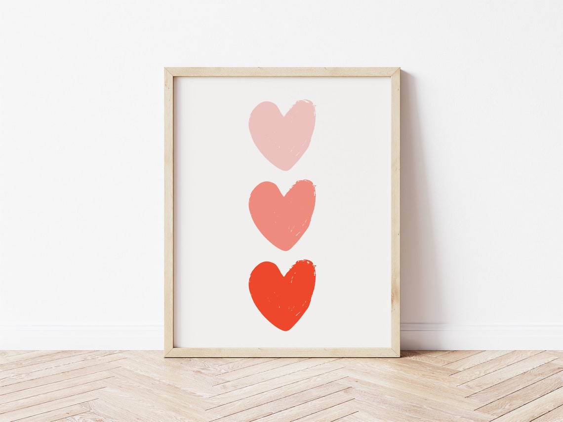 Three Pink Red Watercolor Hearts Minimalist Valentine Love Art Poster