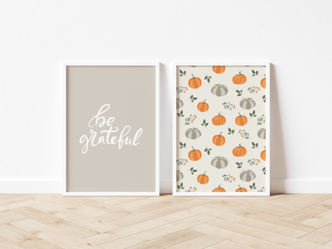 Orange Gray Pumpkin Pattern Fall Autumn Farmhouse Kitchen Art Poster - Image 2