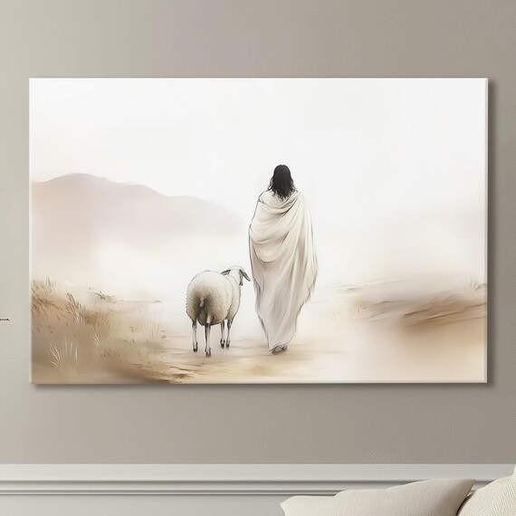 Shepherd And Sheep Walking Into Misty Mountain Valley Poster