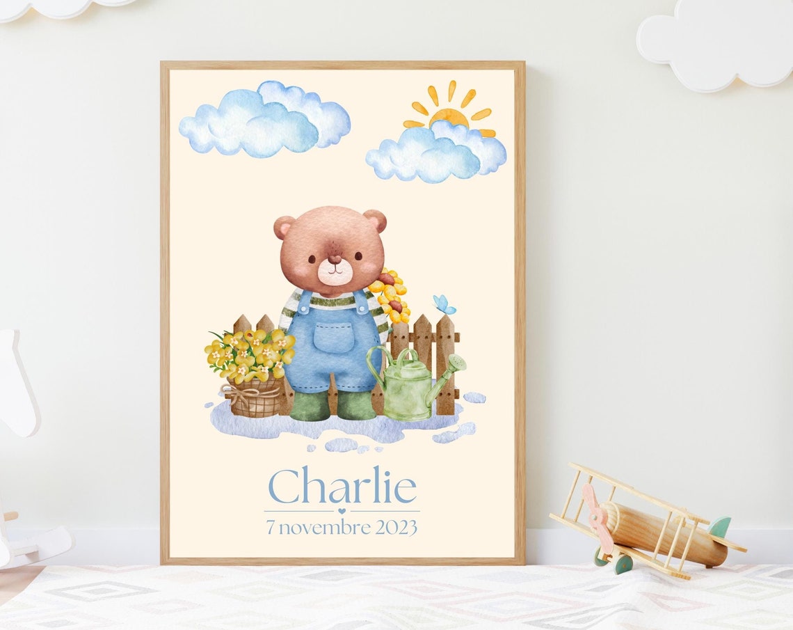 Personalized Gardener Bear Watercolor Baby Birth Keepsake Poster