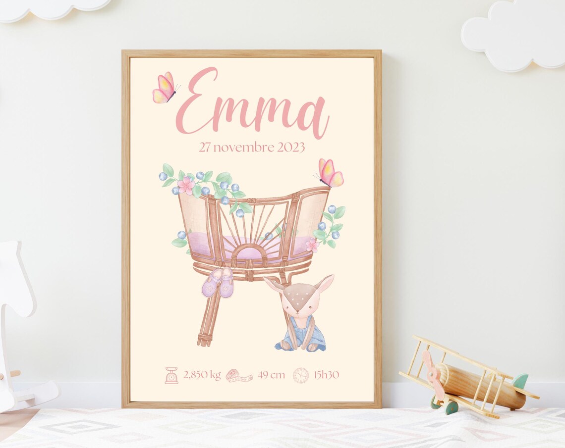 Personalized Rattan Cradle Fawn Watercolor Baby Birth Keepsake Poster - Image 2