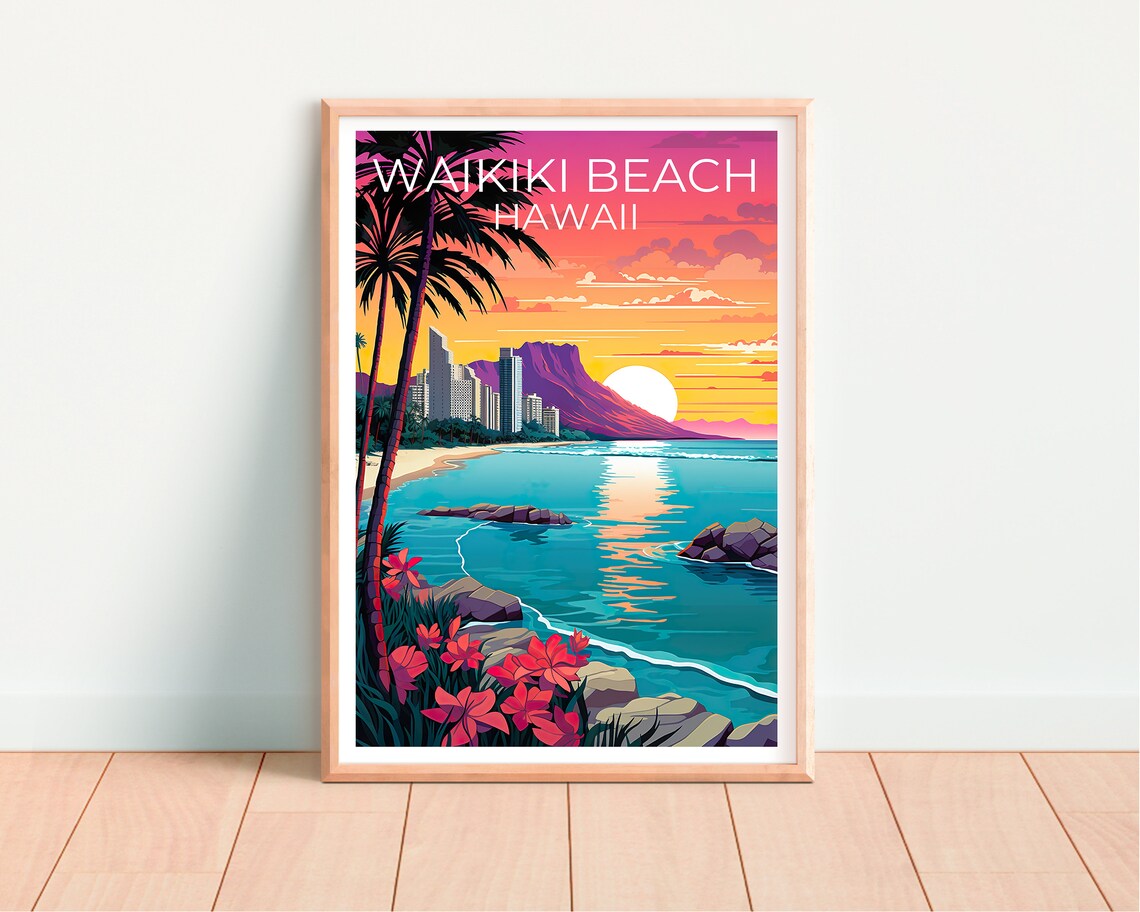 Waikiki Beach Travel Poster, Honolulu Hawaii Art - Image 4
