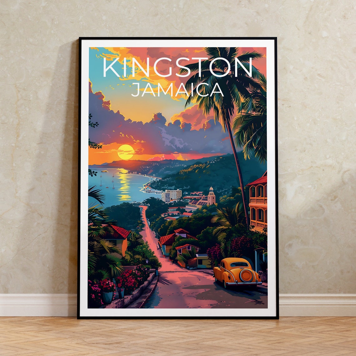 Kingston Jamaica Tropical Harbor Sunset Palms Coastal City Poster