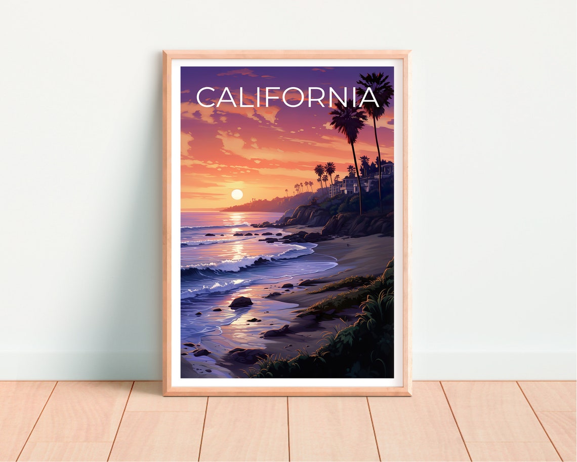 California Beach Sunset Cliffside Homes Palm Trees Ocean Travel Poster - Image 4
