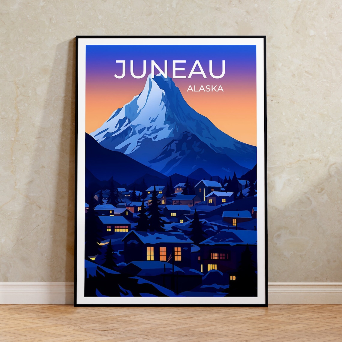 Juneau Alaska Snowy Mountain Peak Night Lights Travel Poster