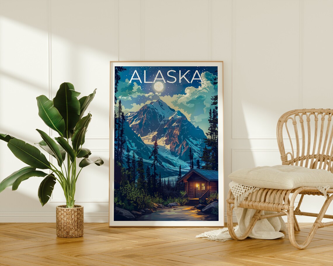 Alaska Log Cabin Moonlit Mountain Lake Cozy Wilderness Night Poster - Image 2