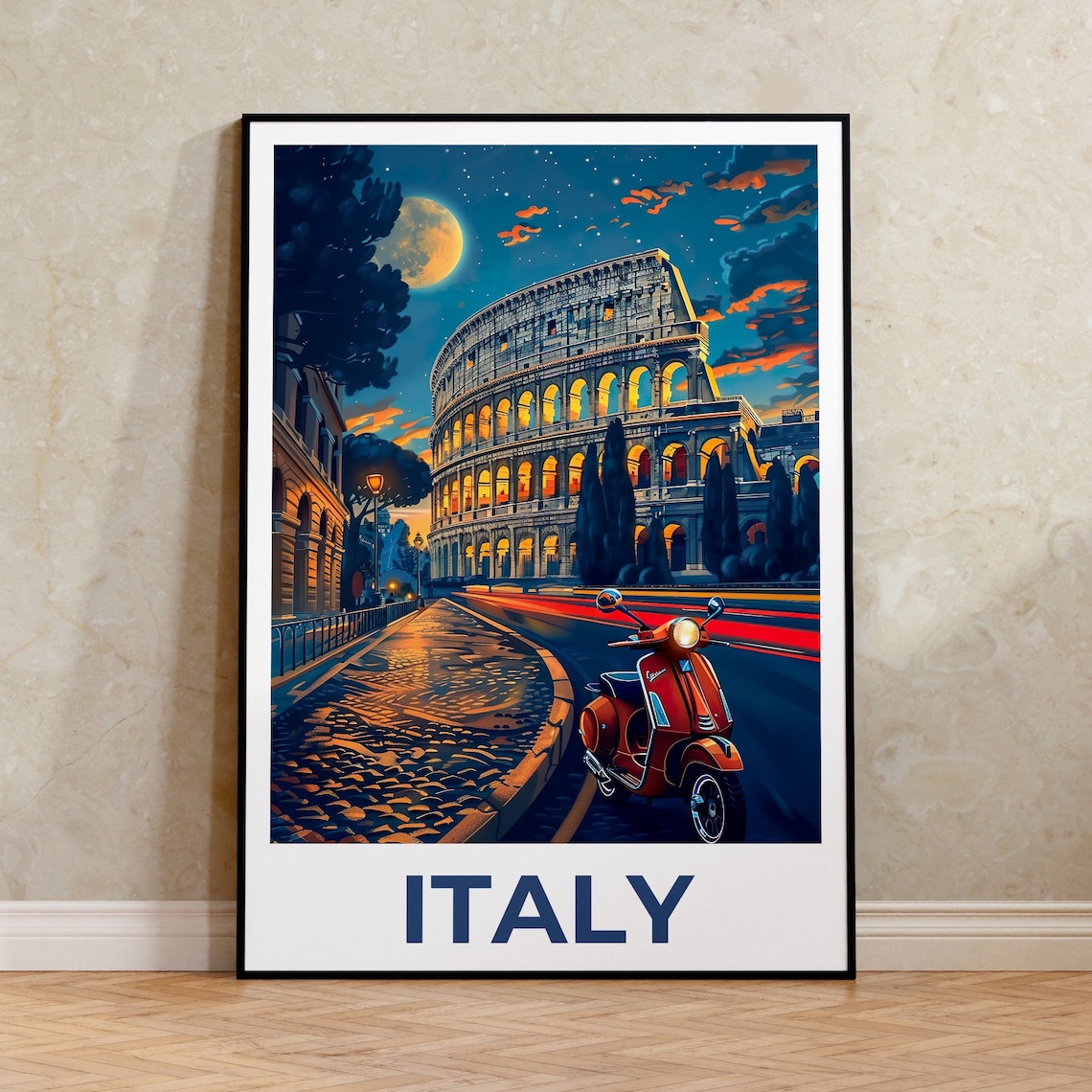Italy Rome Colosseum Night Moonlit Vespa Scooter Street Travel Poster
