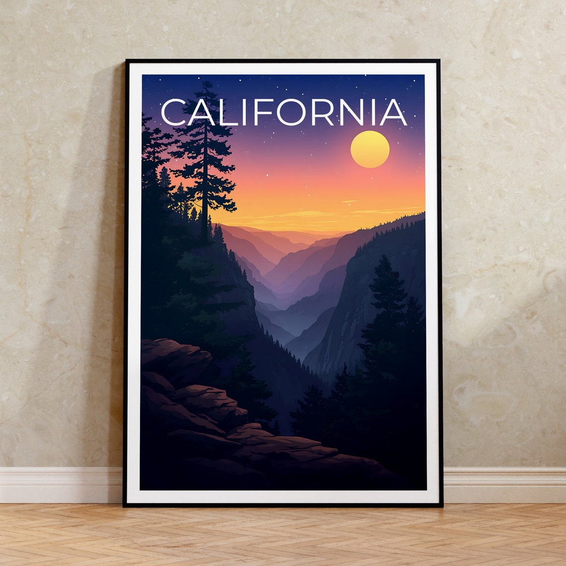 California Mountain Valley Sunset Pine Ridge Moonlit Sky Travel Poster