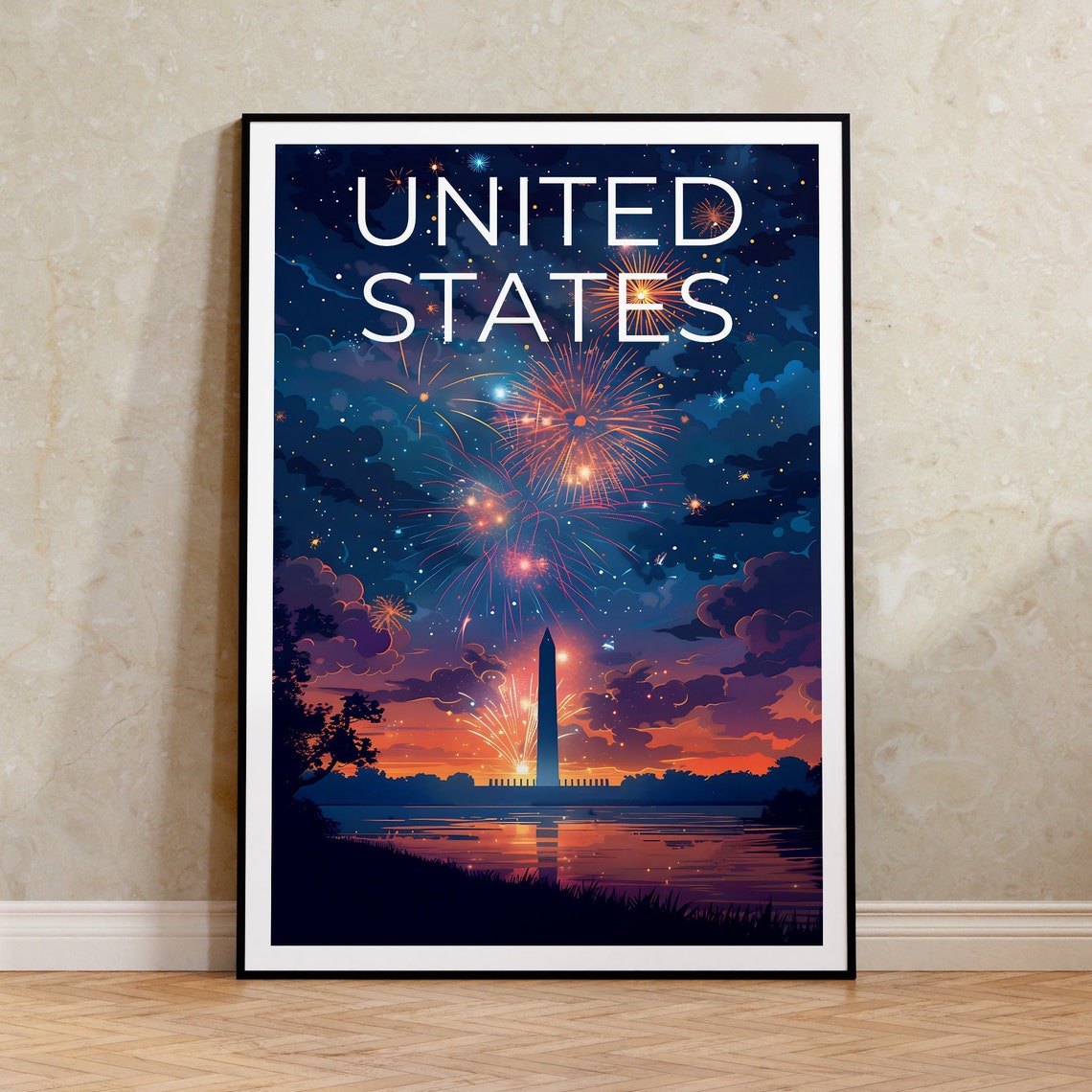 United States Washington DC Fireworks Monument Night Sky Travel Poster