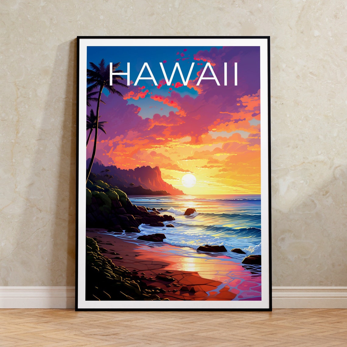 Hawaii Tropical Beach Sunset Palm Trees Rocky Headland Travel Poster
