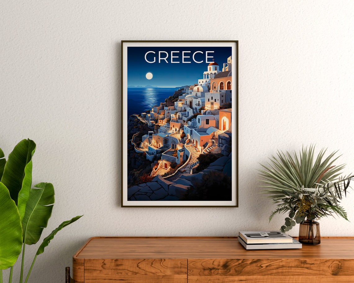 Santorini Greece Blue Dome Church Night Moonlit Caldera Travel Poster - Image 3