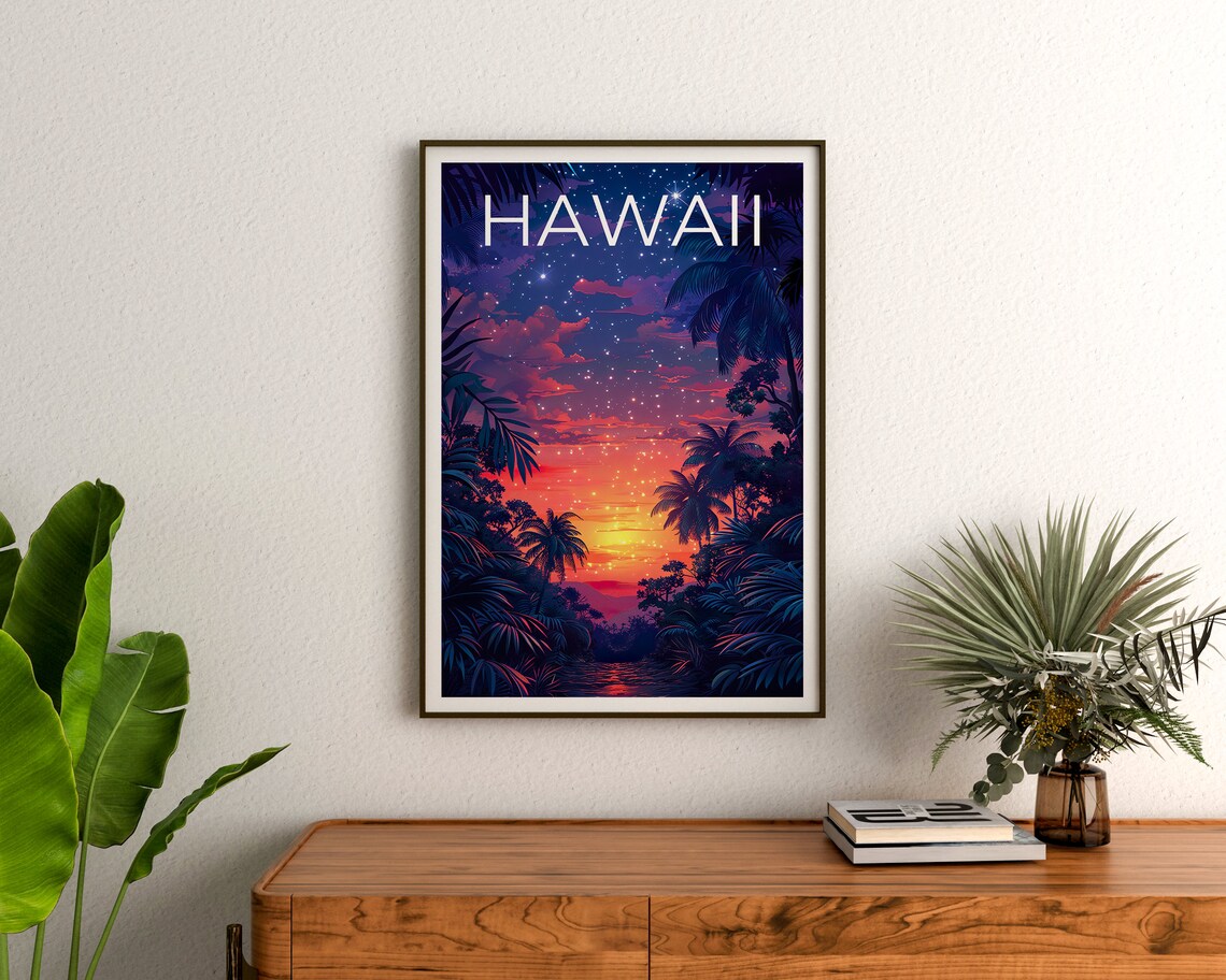 Hawaii Tropical Palm Jungle Sunset Starry Night Island Travel Poster - Image 3