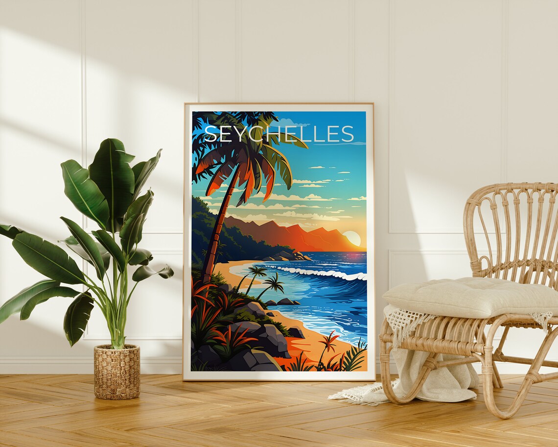 Seychelles Tropical Beach Sunset Palm Trees Ocean Waves Travel Poster - Image 2