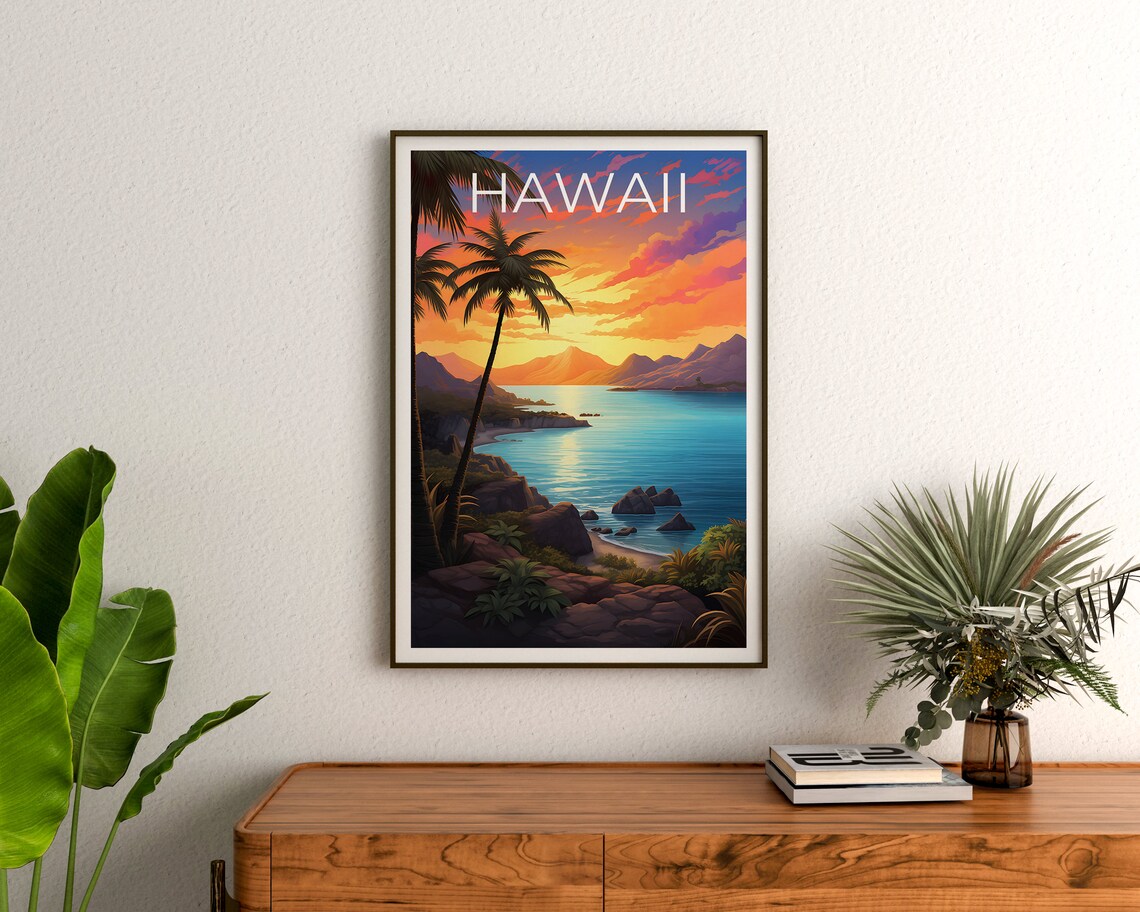 Hawaii Tropical Beach Sunset Palm Trees Rocky Cove Ocean Travel Poster - Image 3