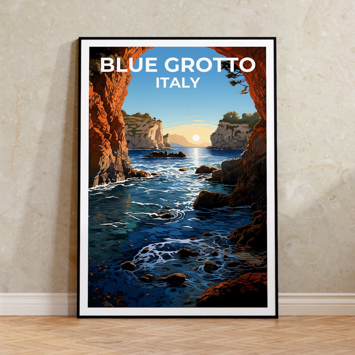 Blue Grotto Italy Capri Sea Cave Cliffs Sunset Waves Travel Poster