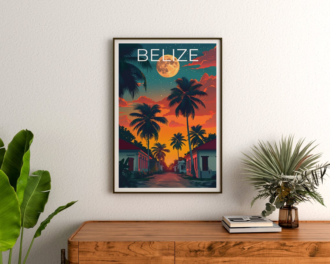 Belize Palm Lined Street Moonlit Sunset Caribbean Scene Poster - Image 3