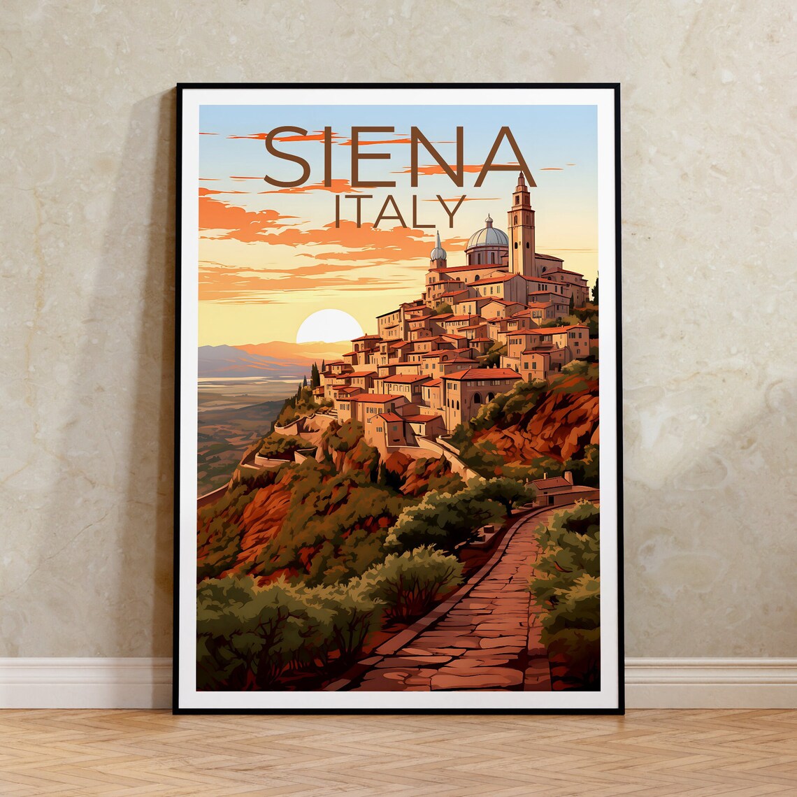 Siena Italy Hilltop Old Town Sunset Tuscan Landscape Travel Poster