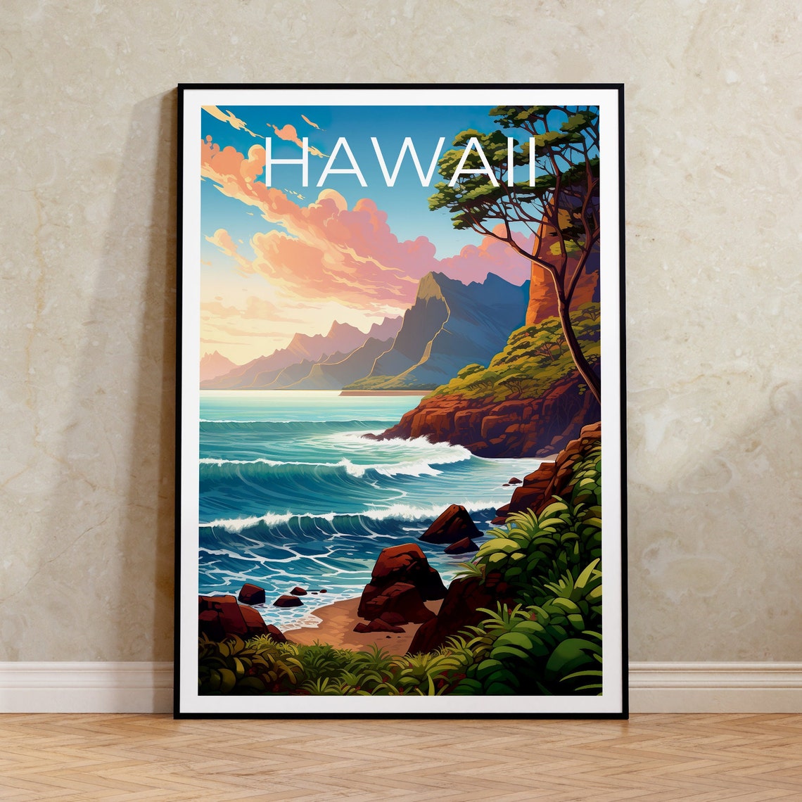 Hawaii Dramatic Coastline Red Cliffs Ocean Waves Sunset Poster