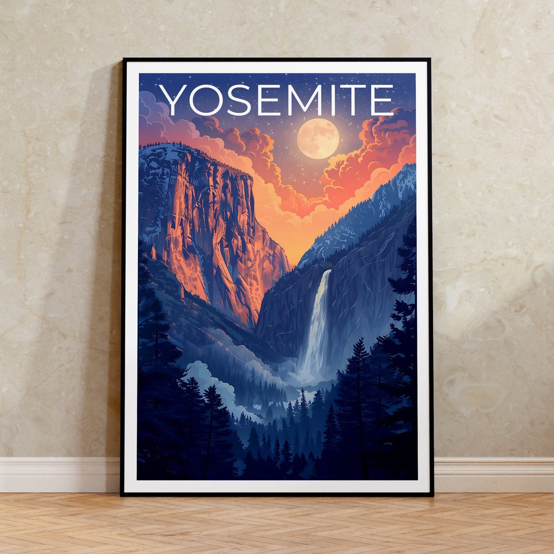 Yosemite National Park Moonlit Cliffs Waterfall Valley Travel Poster