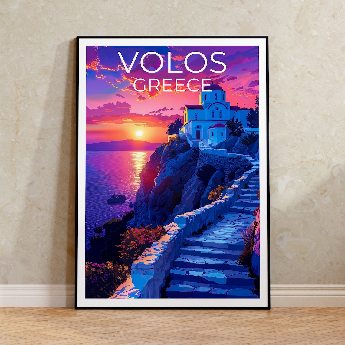 Volos Greece White Cliff Church Sunset Stairs Aegean Sea View Poster