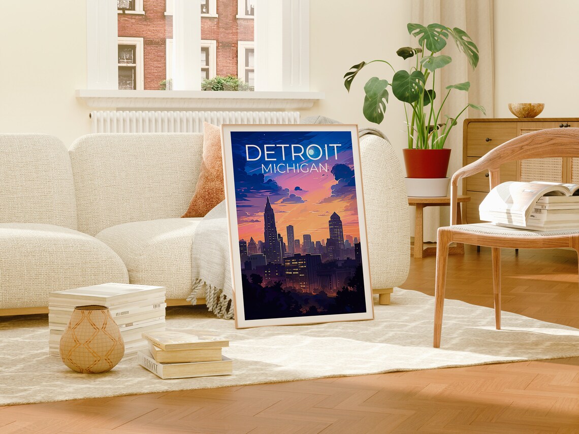 Detroit Michigan Skyline Twilight Glowing City Lights Travel Poster - Image 4