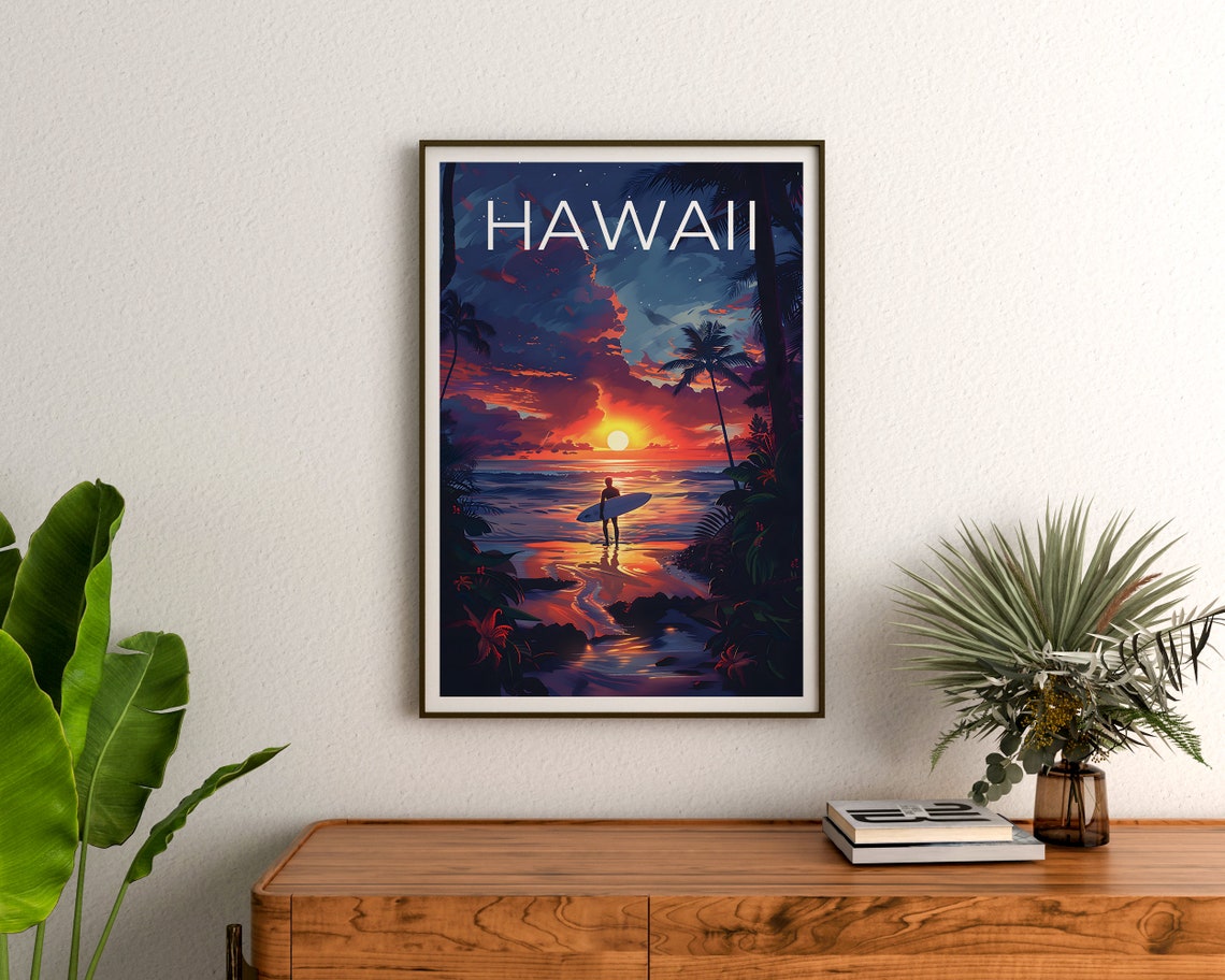Hawaii Surfer Sunset Beach Palm Trees Wave Silhouette Travel Poster - Image 3