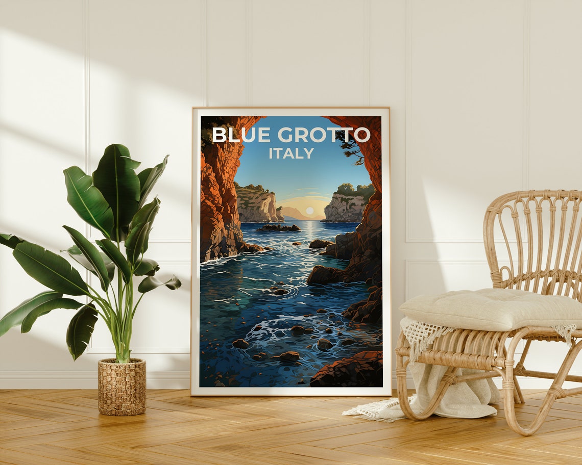 Blue Grotto Italy Capri Sea Cave Cliffs Sunset Waves Travel Poster - Image 2