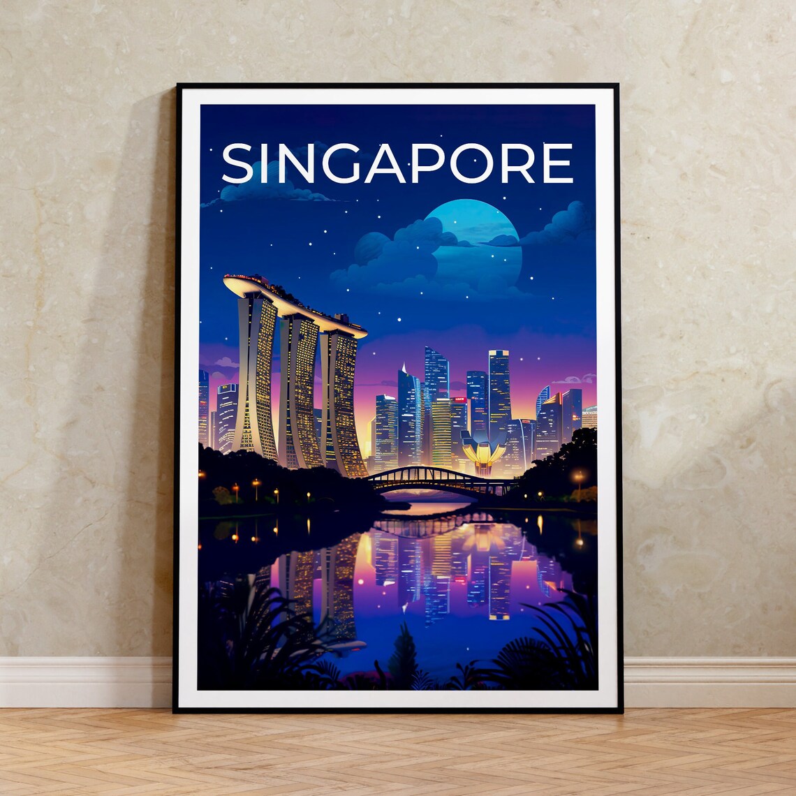 Singapore Marina Bay Sands Night Skyline Moonlit Bay View Poster