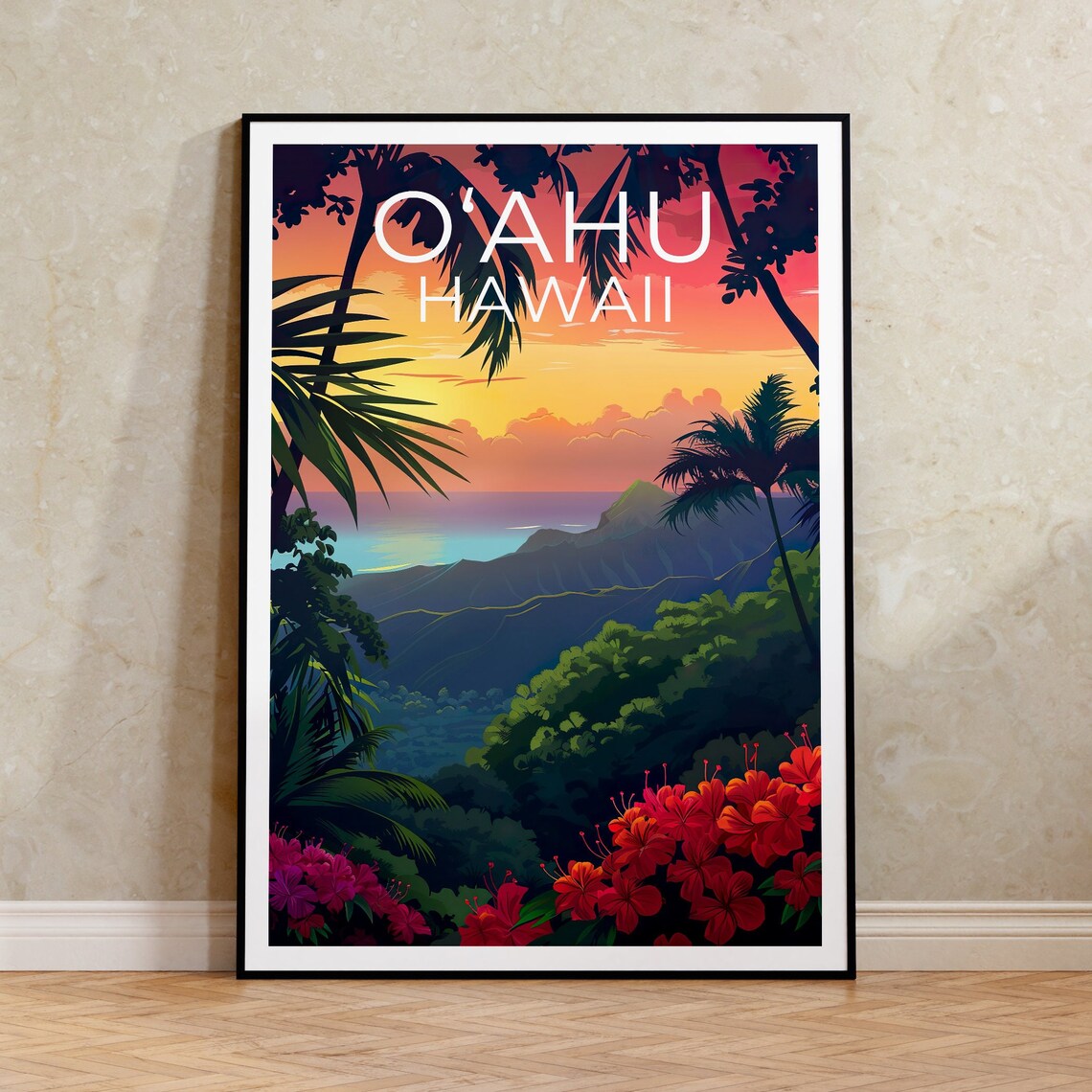 Oahu Travel Poster, Hawaii Tropical Island Art Print