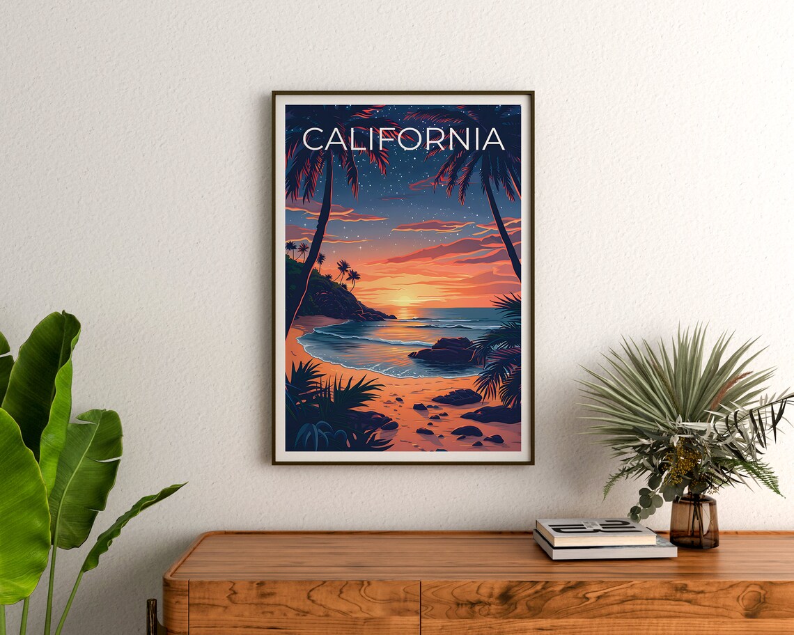 California Beach Palm Trees Starry Sunset Ocean Cove Travel Poster - Image 3