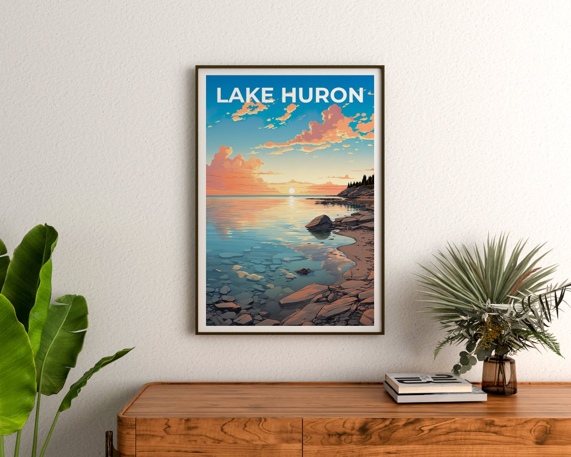Lake Huron Great Lakes Rocky Shore Sunset Reflection Travel Poster - Image 3