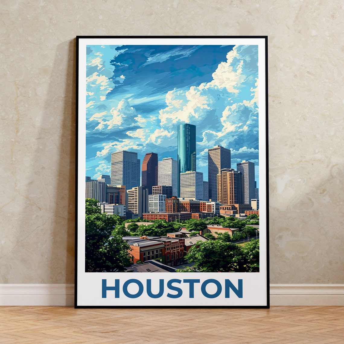 Houston Texas Downtown Skyline Daytime Clouds Urban View Travel Poster