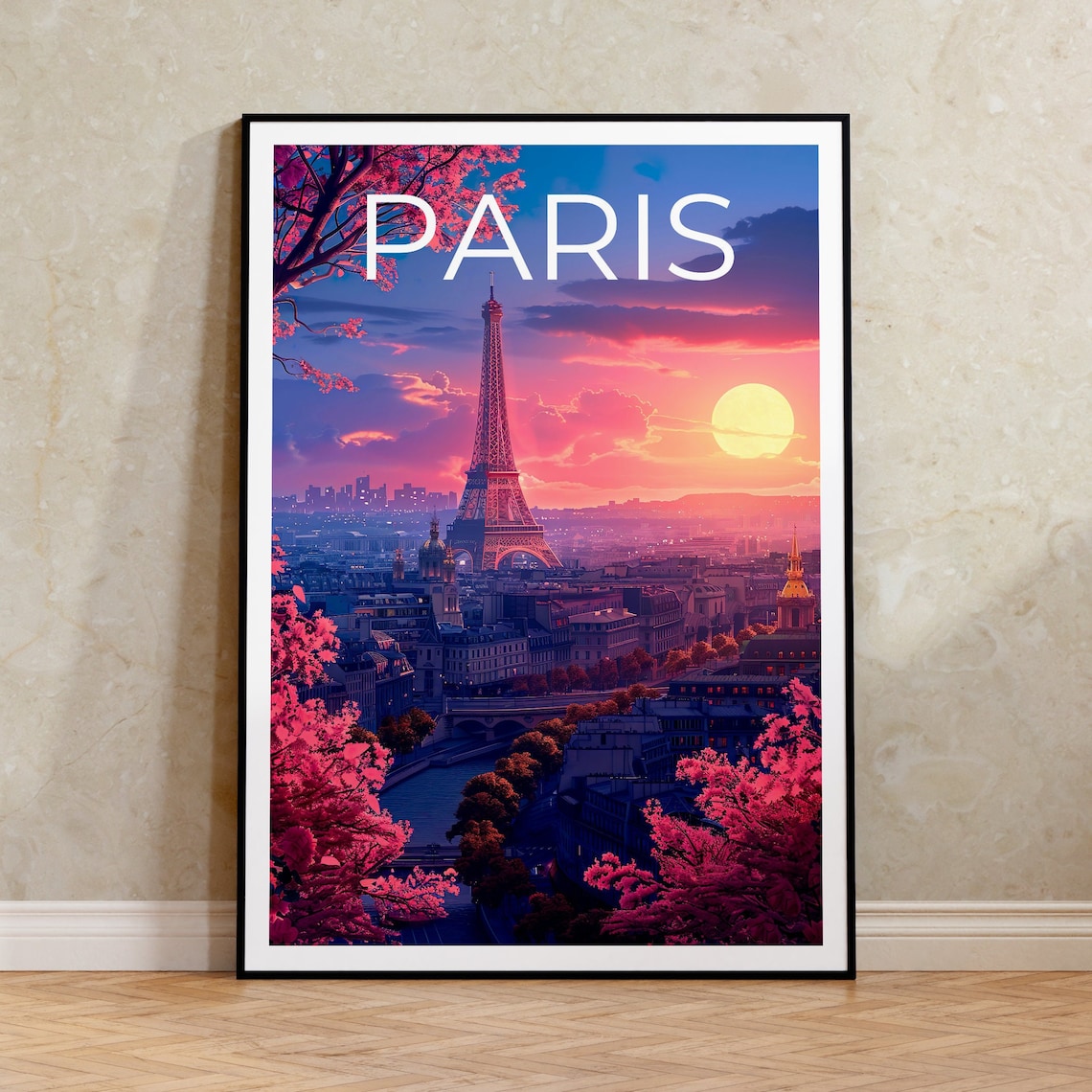 Paris France Eiffel Tower Sunset City Skyline Blossom Travel Poster