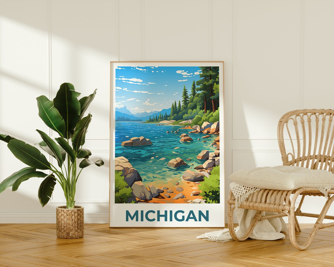 Michigan Travel Poster, Lake Michigan Forest Print - Image 3