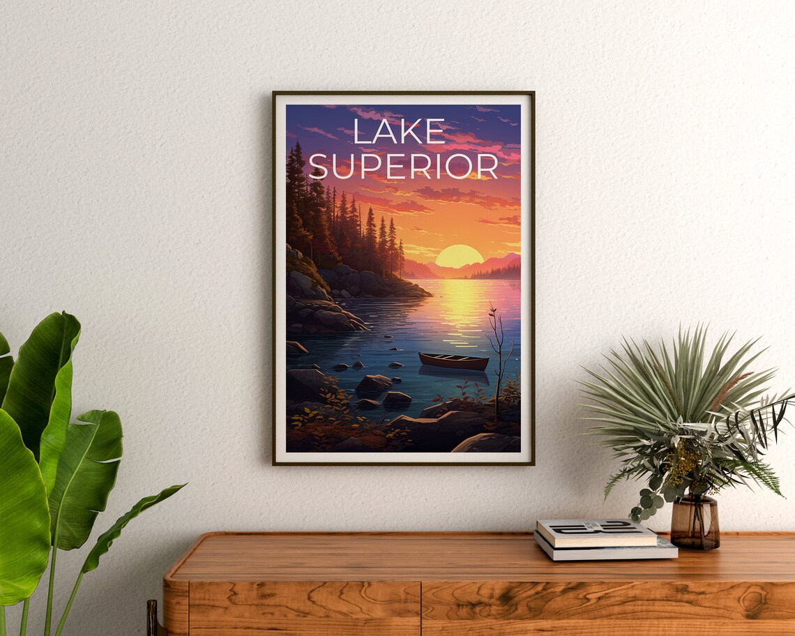 Lake Superior Sunset Canoe Rocky Cove Pines Great Lakes Travel Poster - Image 3