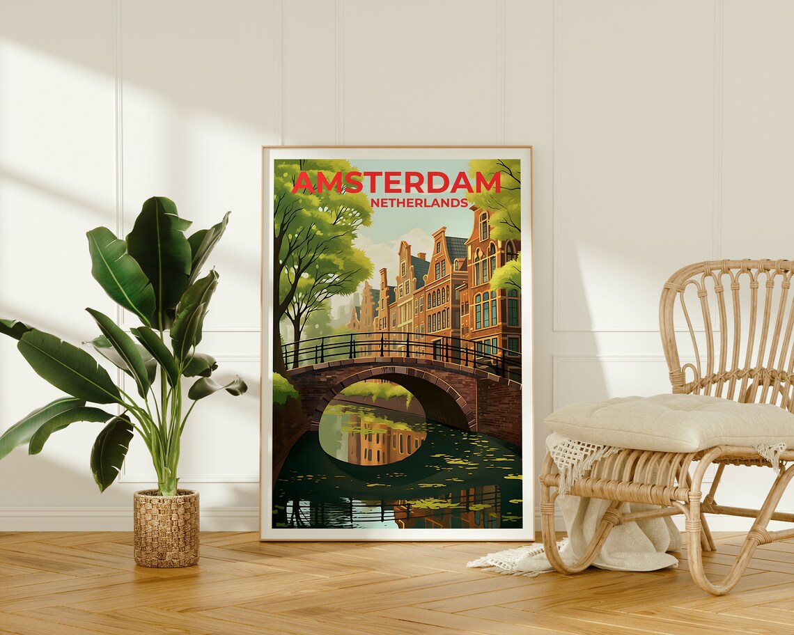 Amsterdam Netherlands Canal Brick Bridge Gabled Houses Travel Poster - Image 2