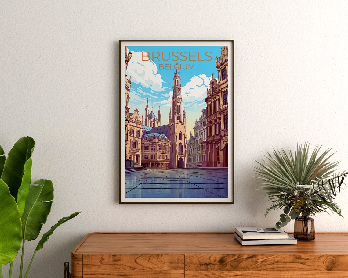 Brussels Belgium Grand Place Town Hall Tower Morning Travel Poster - Image 3