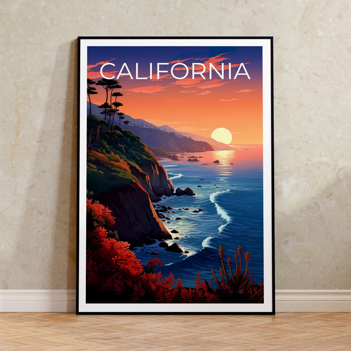 California Rugged Coastline Sunset Cliffs Red Blooms Travel Poster