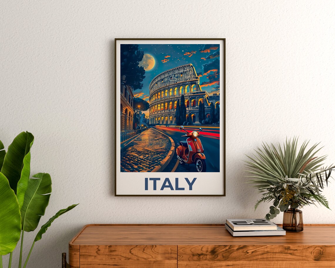Italy Rome Colosseum Night Moonlit Vespa Scooter Street Travel Poster - Image 3