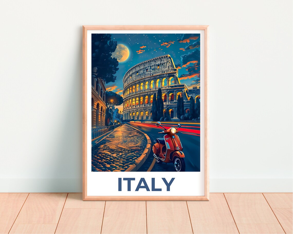 Italy Rome Colosseum Night Moonlit Vespa Scooter Street Travel Poster - Image 4