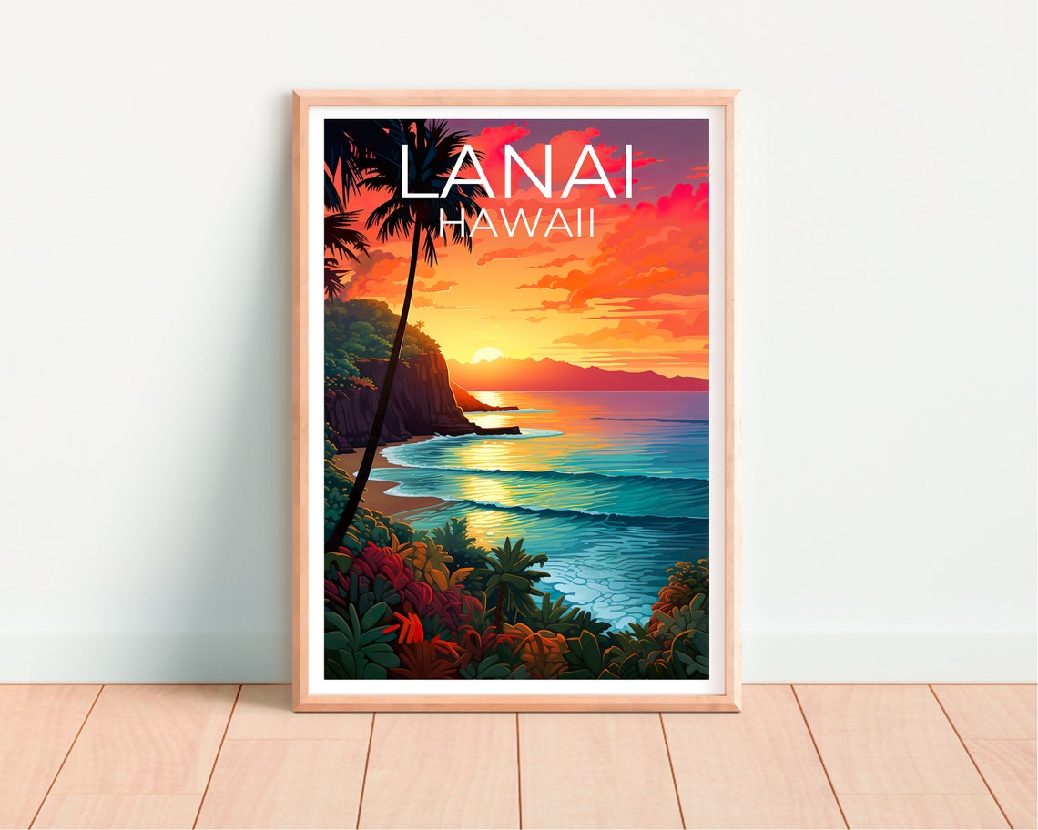 Lanai Hawaii Beach Sunset Palm Tree Ocean View Tropical Travel Poster - Image 4
