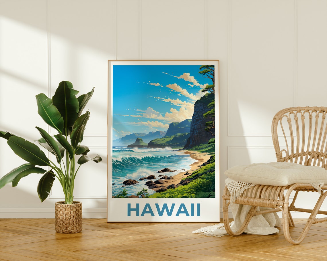 Hawaii Sunny Coast Day Beach Turquoise Waves Cliffs View Poster - Image 2