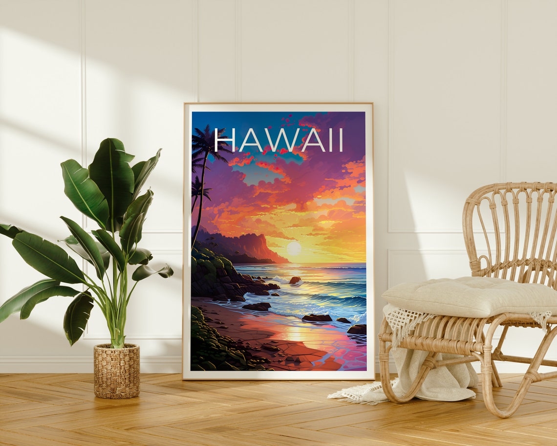 Hawaii Tropical Beach Sunset Palm Trees Rocky Headland Travel Poster - Image 2