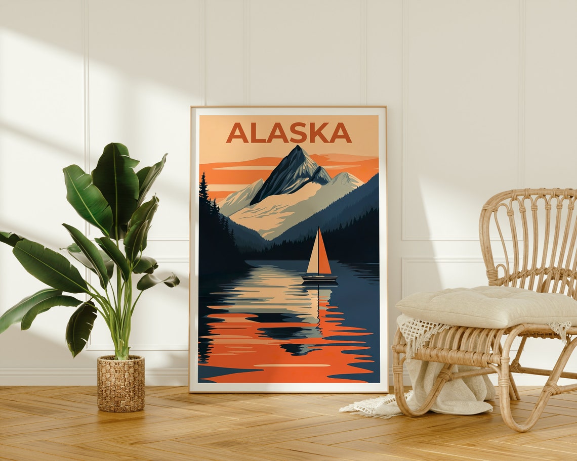 Alaska Snowy Peak Sailboat Lake Sunset Retro Style Travel Poster - Image 2