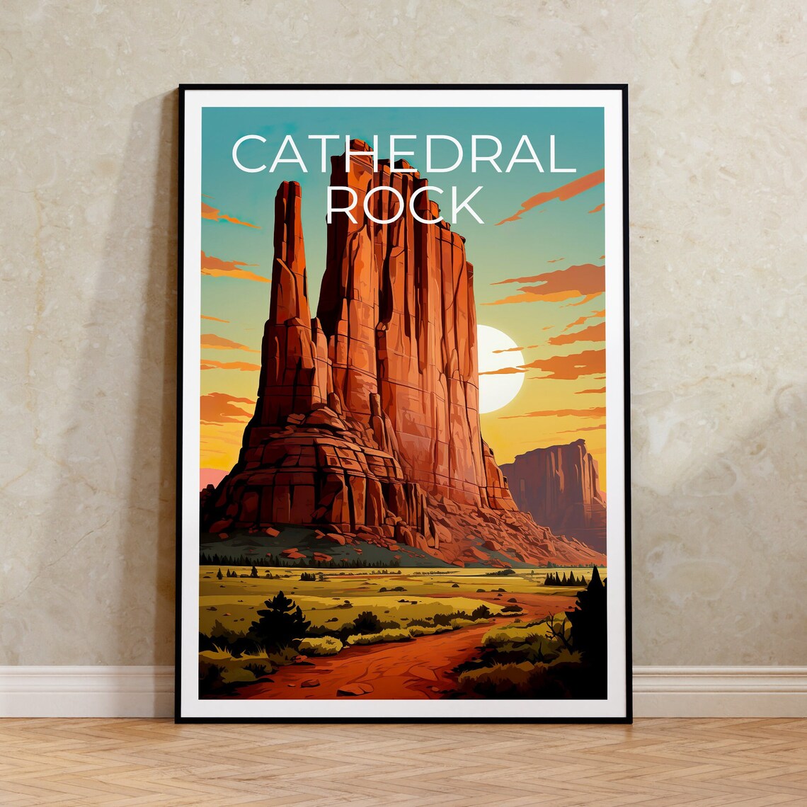 Cathedral Rock Arizona Red Rock Spire Desert Sunset Glow Travel Poster